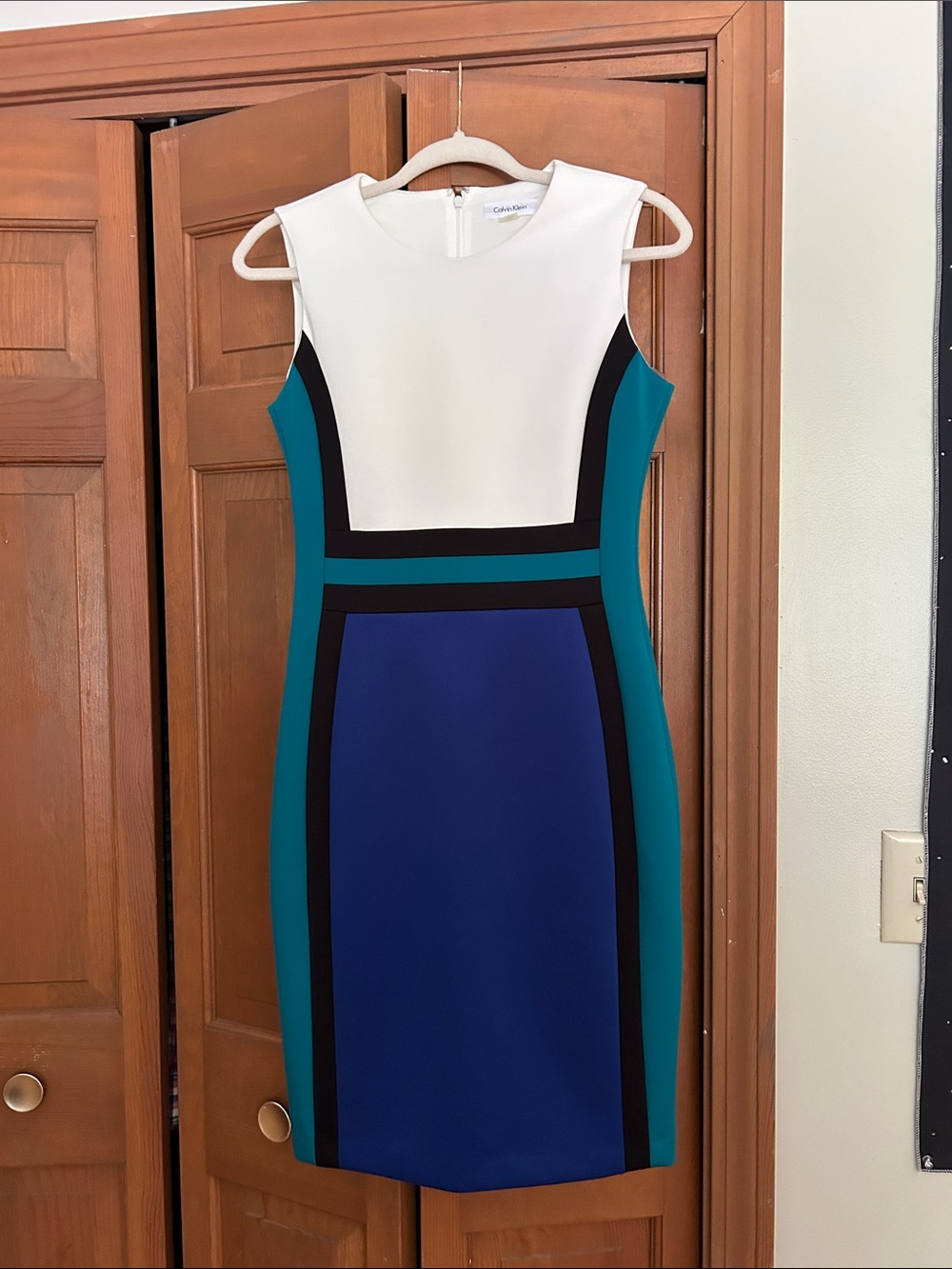 Calvin Klein Sleeveless Colorblock Midi Dress in White, Teal & Blue
